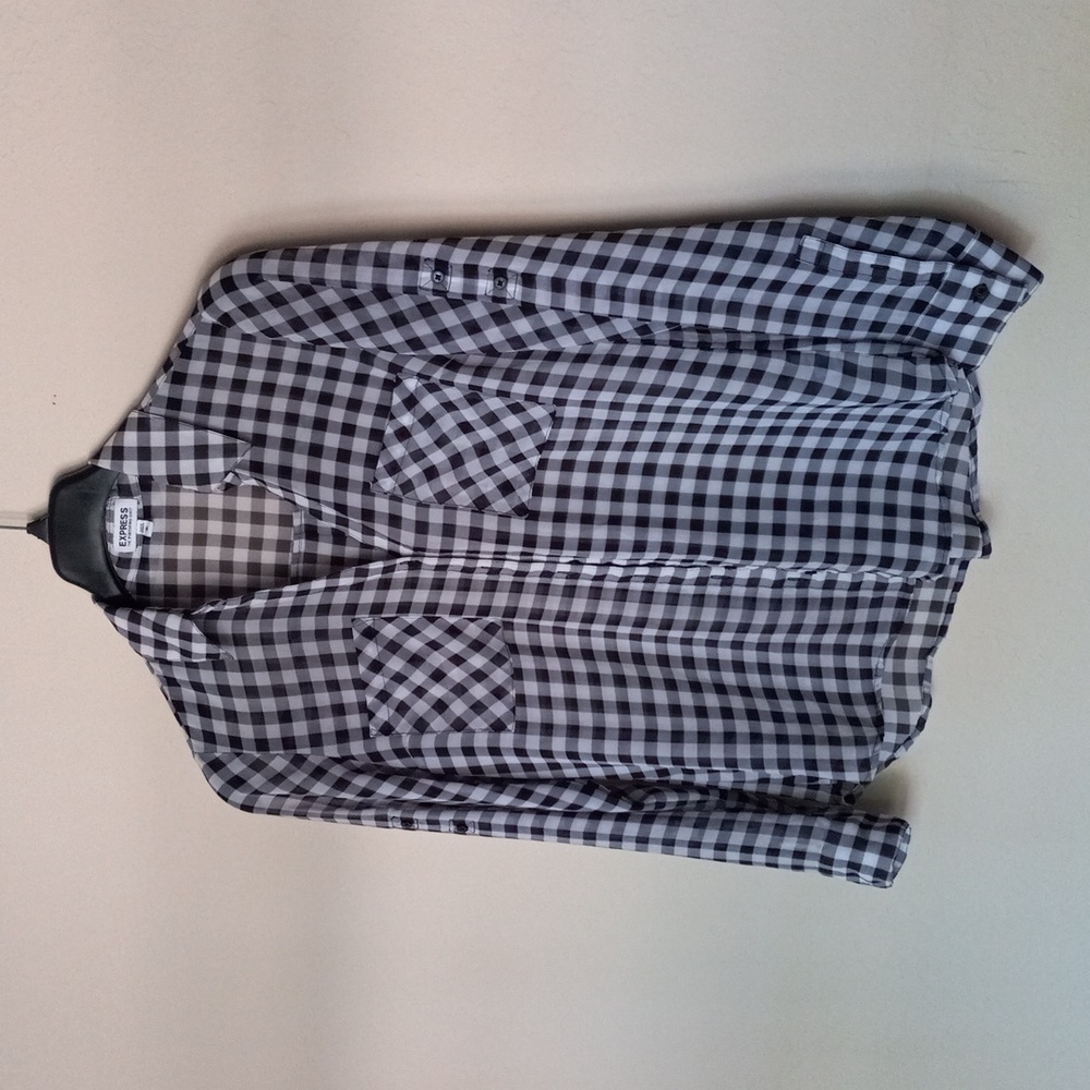 Express Portofino Shirt Womens Medium Sheer Buffalo Check Black White
